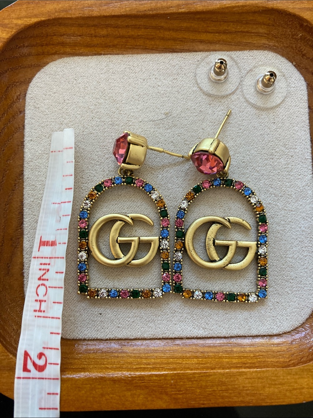 Gucci Gold Multicolor Crystal GG Drop Earrings with Pink Stone - Picture 3 of 4